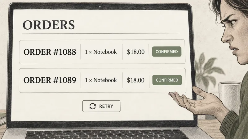 A screen shows two confirmed orders, 1088 and 1089, for the same notebook at the same price, while the user frowns and raises a hand in frustration.