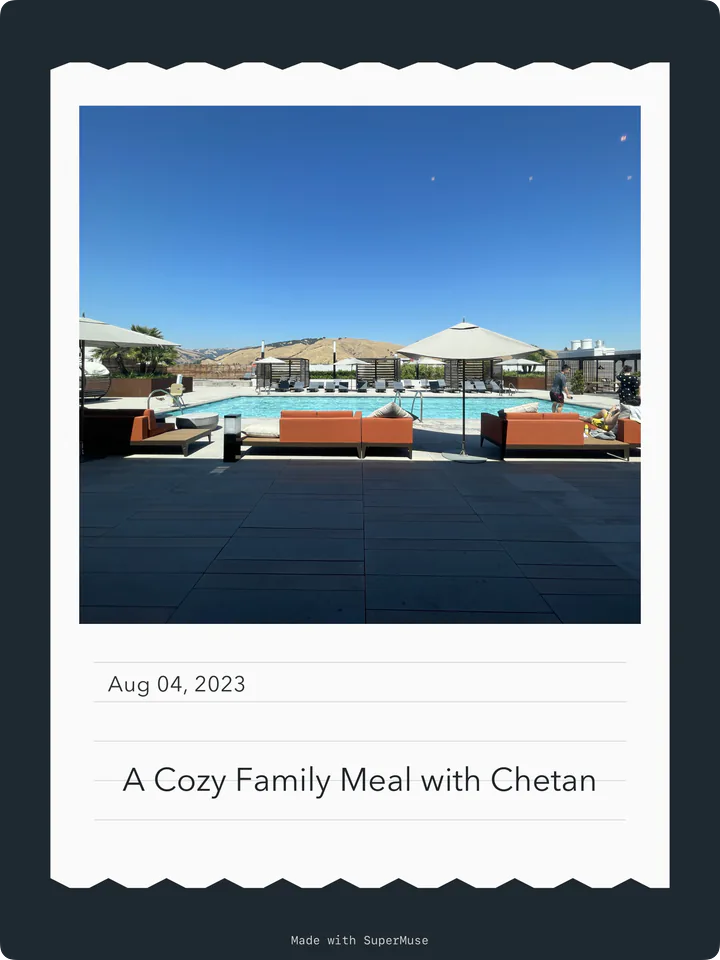 A ticket-style card on a dark blue background, with a photo of a pool, loungers, and sun umbrellas.
