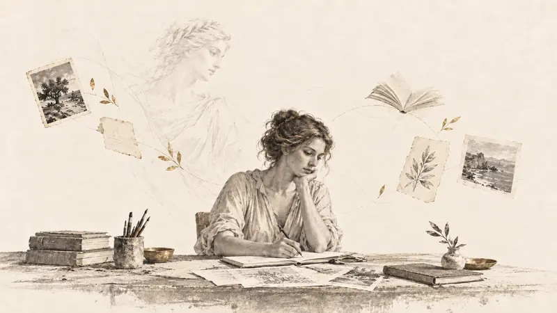 A creator works at a desk while the faint outline of a Muse brings photographs, notes, and book fragments into view, leaving the work in human hands.