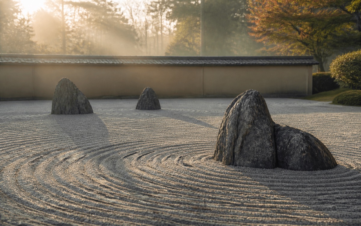 Sunlit garden with stones and quiet patterns in raked sand